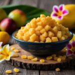Um sonho de farofa: uma mesa rústica de madeira coberta com uma tigela de farofa dourada e crocante, cercada por frutas tropicais coloridas e flores vibrantes
