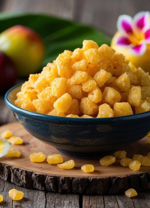 Um sonho de farofa: uma mesa rústica de madeira coberta com uma tigela de farofa dourada e crocante, cercada por frutas tropicais coloridas e flores vibrantes