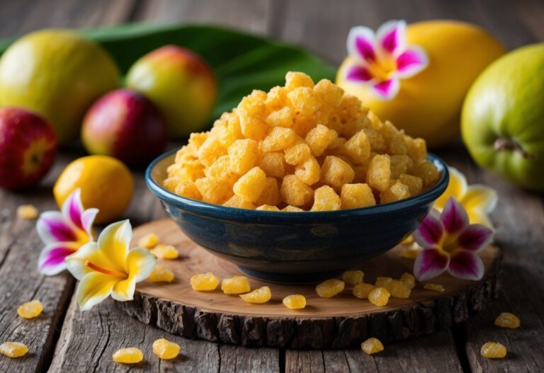Um sonho de farofa: uma mesa rústica de madeira coberta com uma tigela de farofa dourada e crocante, cercada por frutas tropicais coloridas e flores vibrantes