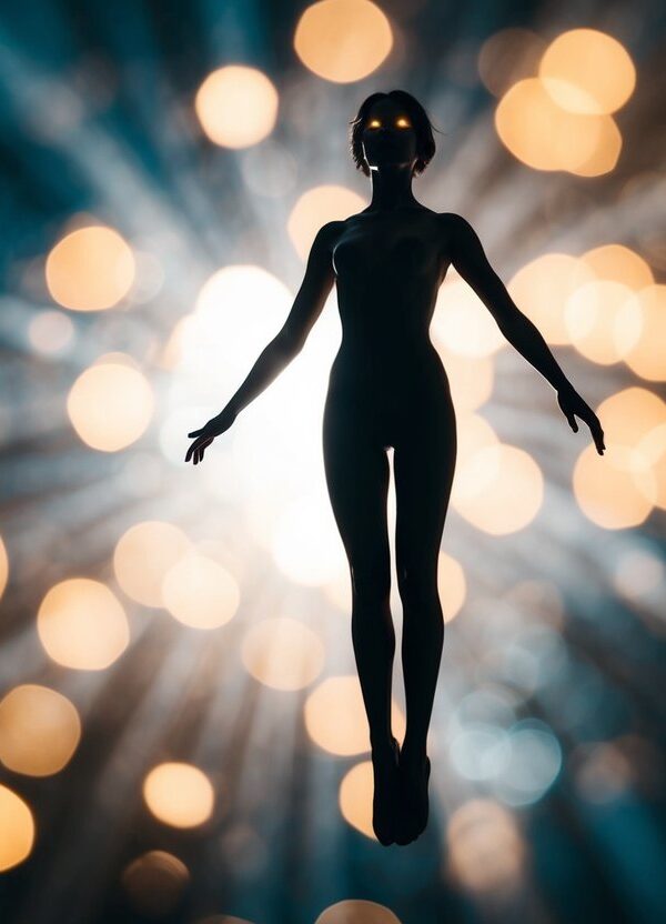 Uma figura levita, cercada por sombras giratórias e olhos brilhantes