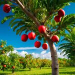 Uma cena de sonho de uma árvore jambo em um exuberante pomar tropical, com frutos vermelhos maduros pendurados nos galhos contra um céu azul brilhante.