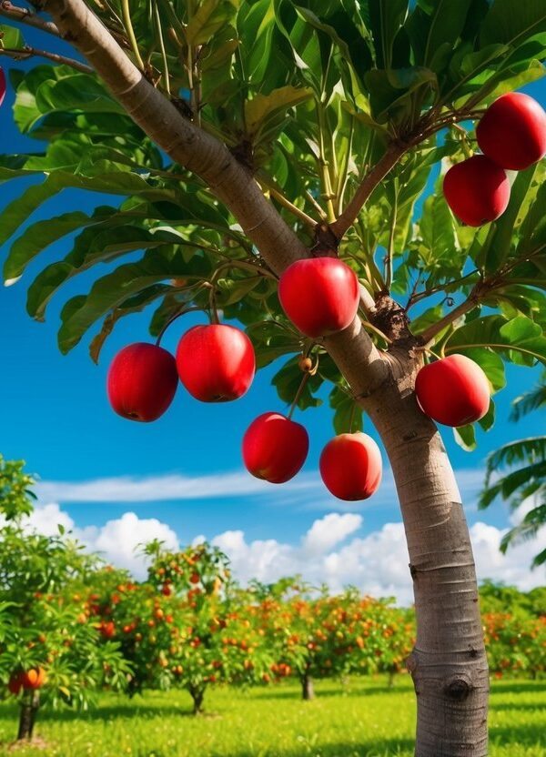 Uma cena de sonho de uma árvore jambo em um exuberante pomar tropical, com frutos vermelhos maduros pendurados nos galhos contra um céu azul brilhante.