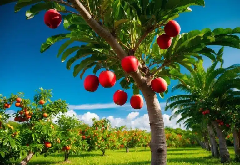 Uma cena de sonho de uma árvore jambo em um exuberante pomar tropical, com frutos vermelhos maduros pendurados nos galhos contra um céu azul brilhante.