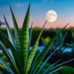 Um sonho de uma planta Sansevieria em forma de espada em um jardim iluminado pela lua