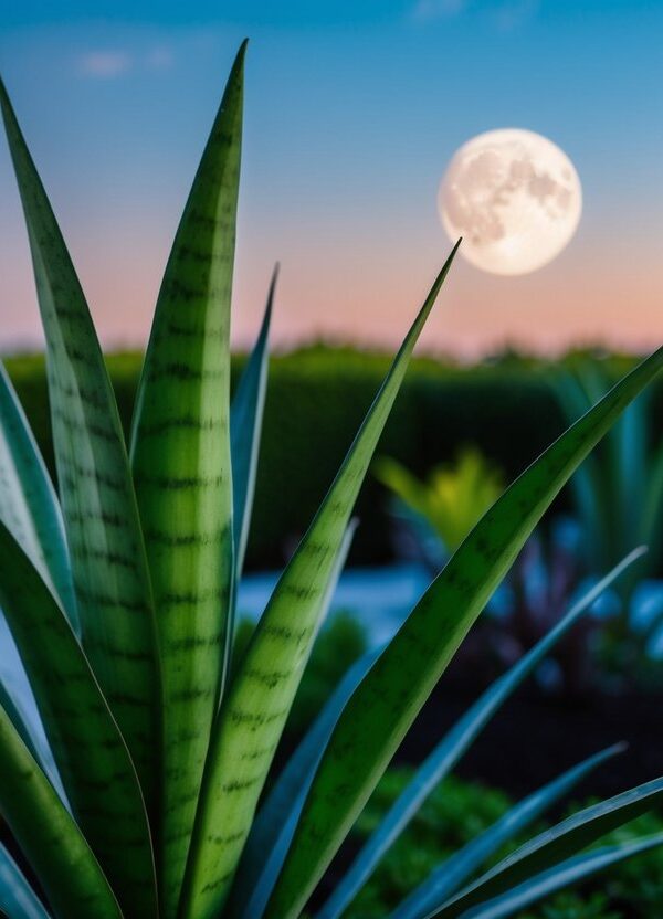 Um sonho de uma planta Sansevieria em forma de espada em um jardim iluminado pela lua
