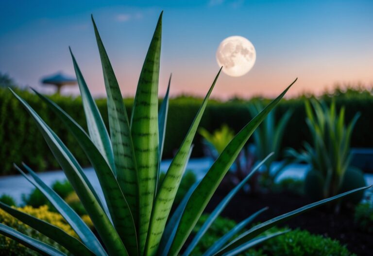 Um sonho de uma planta Sansevieria em forma de espada em um jardim iluminado pela lua