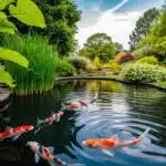 Um lago sereno cercado por uma vegetação exuberante, com carpas coloridas nadando graciosamente sob a água ondulante.