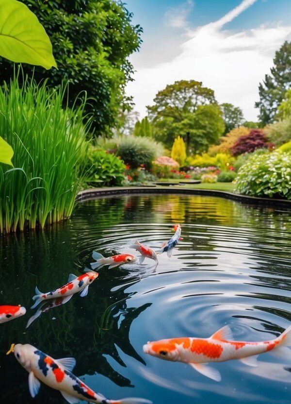 Um lago sereno cercado por uma vegetação exuberante, com carpas coloridas nadando graciosamente sob a água ondulante.