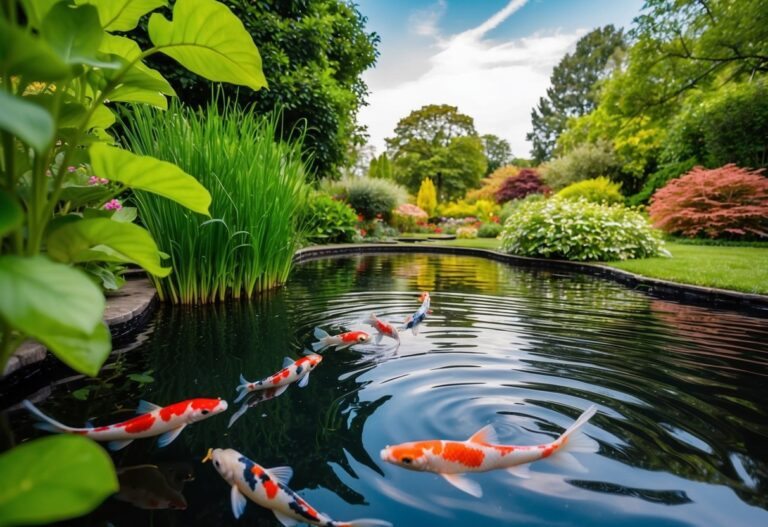 Um lago sereno cercado por uma vegetação exuberante, com carpas coloridas nadando graciosamente sob a água ondulante.