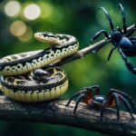 Um sonho de animais venenosos: uma cobra enrolada em um galho, um escorpião pronto para atacar e uma aranha espreitando nas sombras.