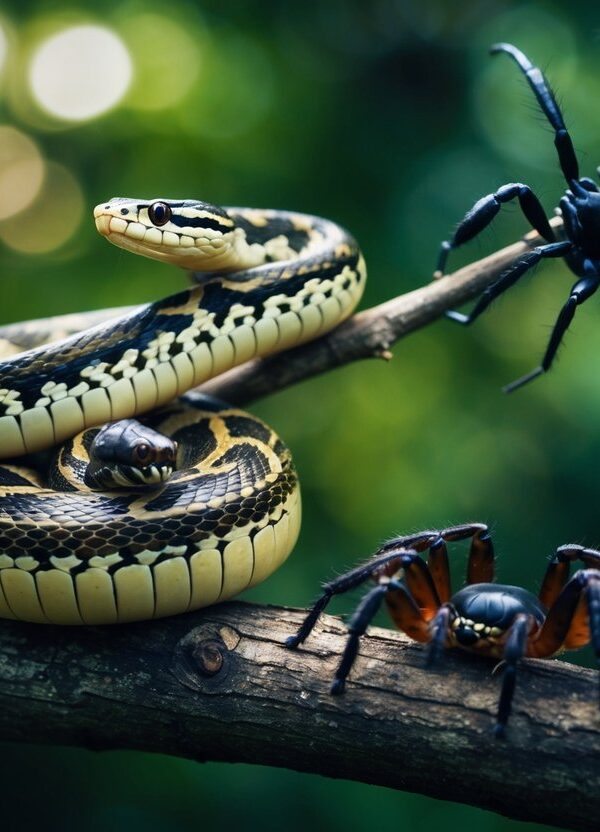 Um sonho de animais venenosos: uma cobra enrolada em um galho, um escorpião pronto para atacar e uma aranha espreitando nas sombras.