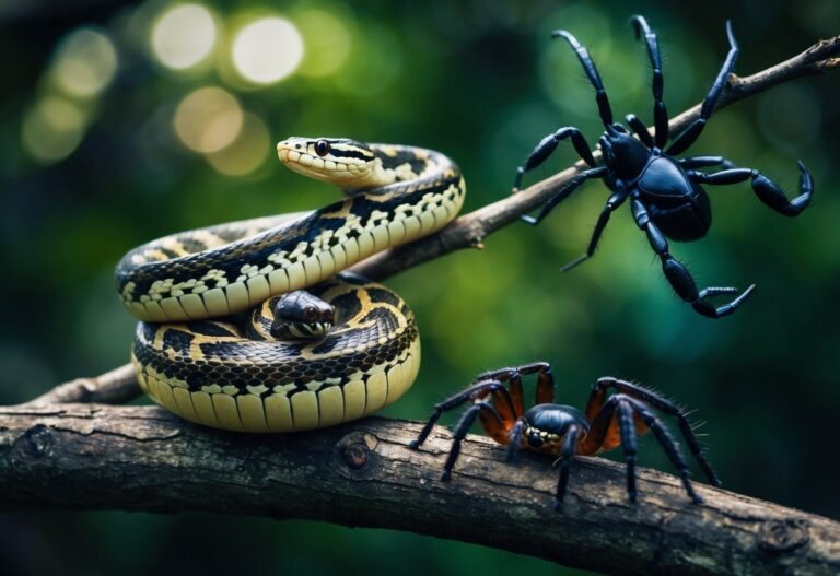 Um sonho de animais venenosos: uma cobra enrolada em um galho, um escorpião pronto para atacar e uma aranha espreitando nas sombras.