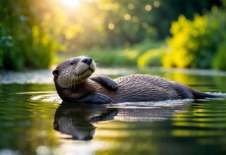 Uma lontra sonhadora flutuando de costas em um rio tranquilo, cercada por uma vegetação exuberante e pelo suave brilho da luz do sol filtrando-se através das árvores.