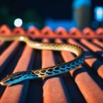 Uma cobra desliza sobre um telhado de ladrilhos à noite