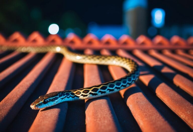 Uma cobra desliza sobre um telhado de ladrilhos à noite
