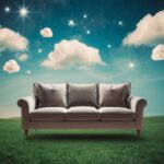 Um sofá aconchegante flutuando em uma paisagem onírica e surreal com elementos fantásticos como nuvens e estrelas flutuantes