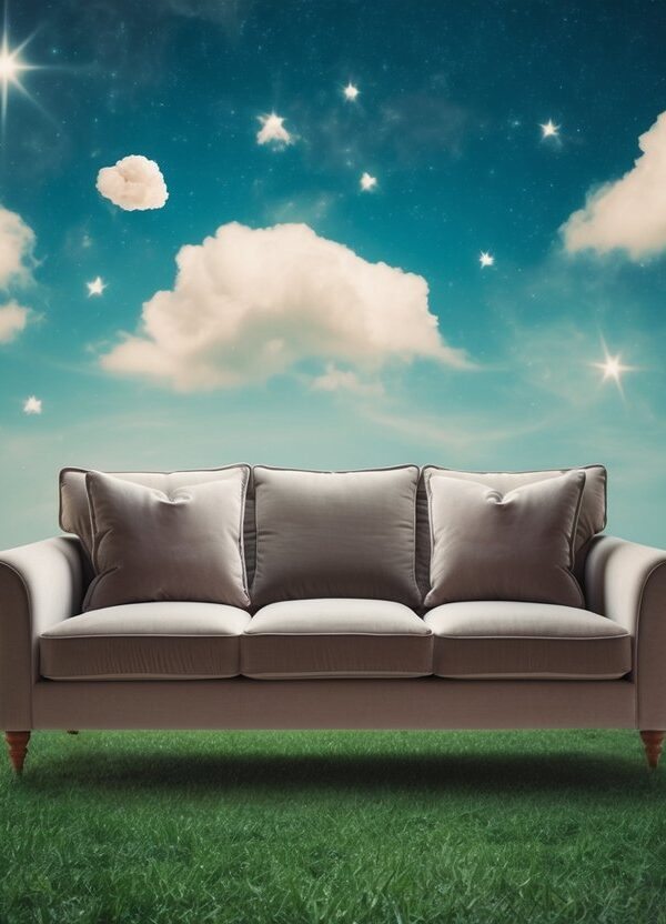 Um sofá aconchegante flutuando em uma paisagem onírica e surreal com elementos fantásticos como nuvens e estrelas flutuantes