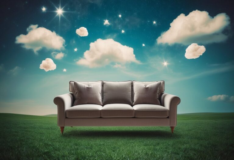 Um sofá aconchegante flutuando em uma paisagem onírica e surreal com elementos fantásticos como nuvens e estrelas flutuantes