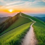 Um sonho de escalar uma colina ao pôr do sol, com vegetação exuberante e um caminho sinuoso levando ao topo