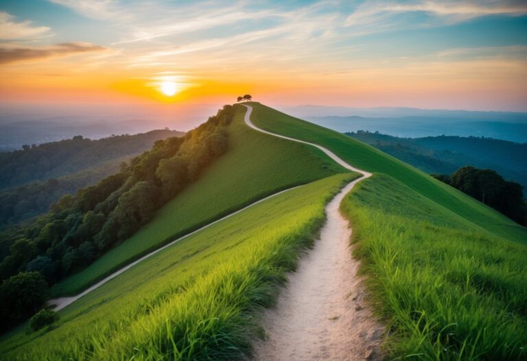 Um sonho de escalar uma colina ao pôr do sol, com vegetação exuberante e um caminho sinuoso levando ao topo