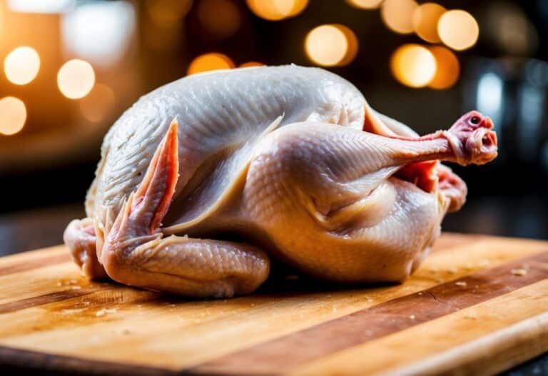 Um frango cru e morto deitado em uma tábua de madeira
