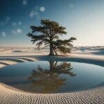 Uma árvore solitária afundando em uma poça de areia em movimento, cercada por uma paisagem desolada