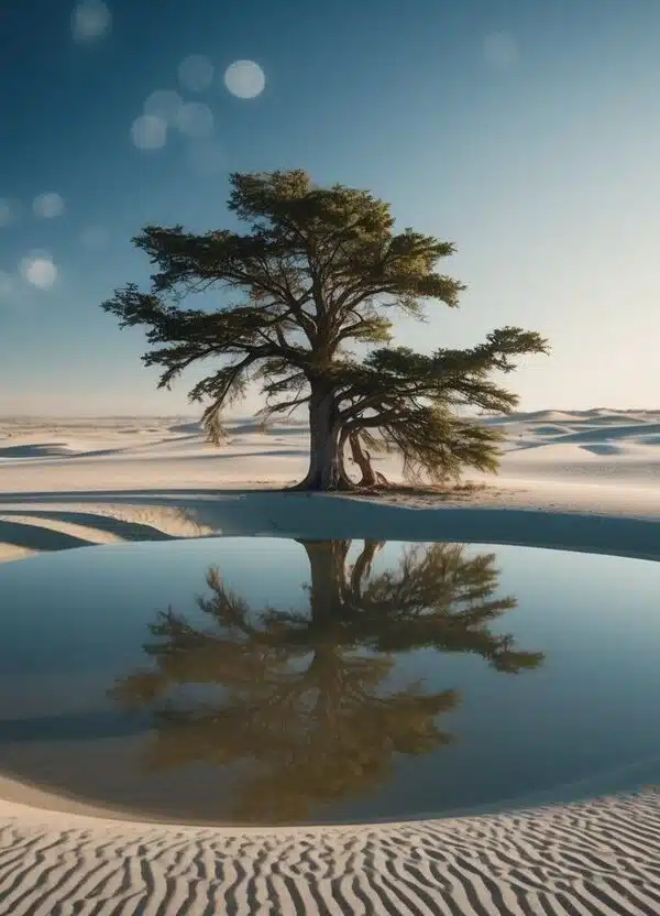 Uma árvore solitária afundando em uma poça de areia em movimento, cercada por uma paisagem desolada