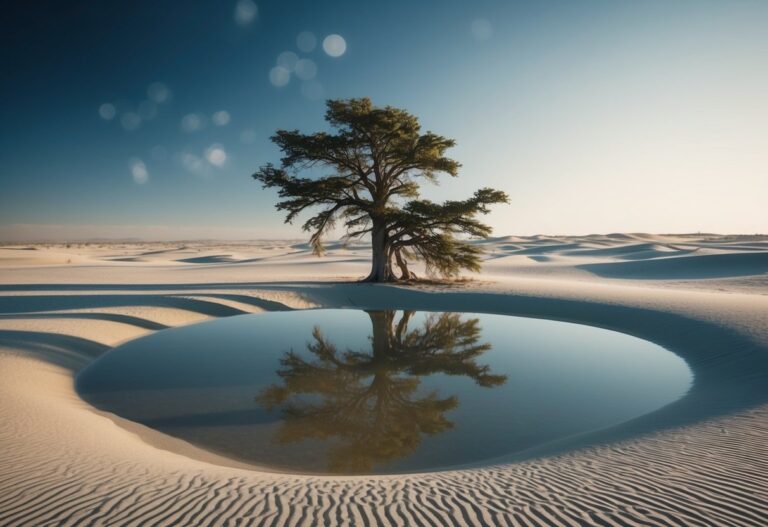 Uma árvore solitária afundando em uma poça de areia em movimento, cercada por uma paisagem desolada