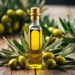 Uma garrafa dourada de azeite cercada por ramos de oliveira verde vibrante