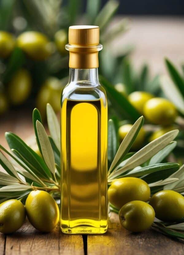 Uma garrafa dourada de azeite cercada por ramos de oliveira verde vibrante