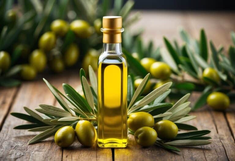 Uma garrafa dourada de azeite cercada por ramos de oliveira verde vibrante