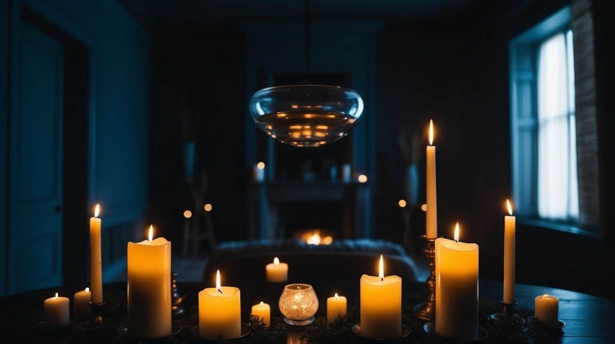 Uma sala escura e sinistra com velas tremulantes, um objeto levitando e uma sensação de presença sobrenatural