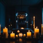 Uma sala escura e sinistra com velas tremulantes, um objeto levitando e uma sensação de presença sobrenatural