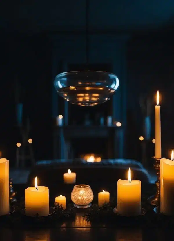 Uma sala escura e sinistra com velas tremulantes, um objeto levitando e uma sensação de presença sobrenatural
