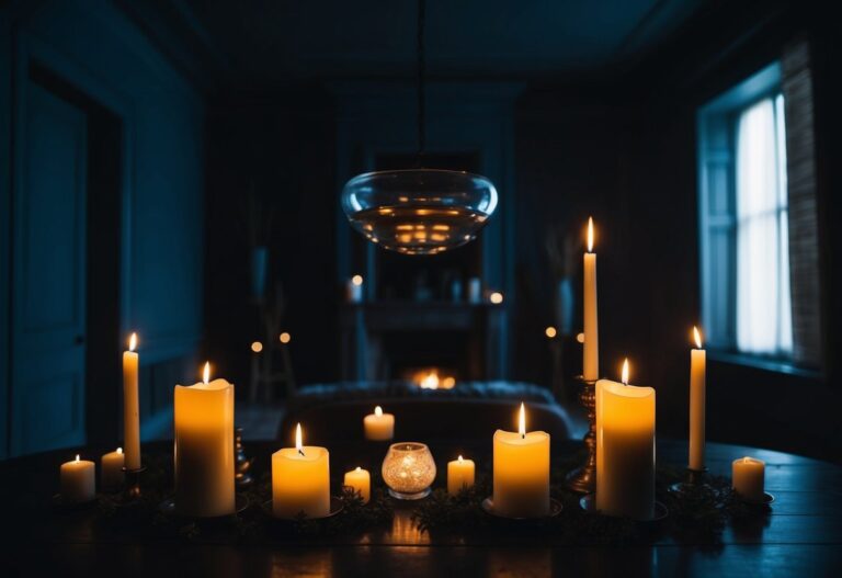 Uma sala escura e sinistra com velas tremulantes, um objeto levitando e uma sensação de presença sobrenatural
