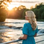 Um sonho de uma mulher loira em pé ao lado de um rio fluente ao pôr do sol