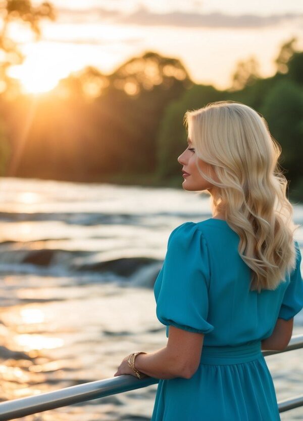 Um sonho de uma mulher loira em pé ao lado de um rio fluente ao pôr do sol