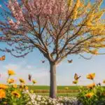 Uma árvore seca florescendo com nova vida, cercada por flores vibrantes e borboletas