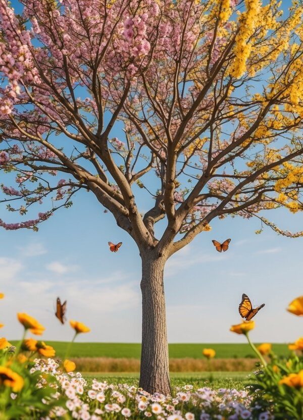 Uma árvore seca florescendo com nova vida, cercada por flores vibrantes e borboletas
