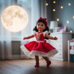 Uma boneca ganhando vida, dançando em um quarto iluminado pela lua