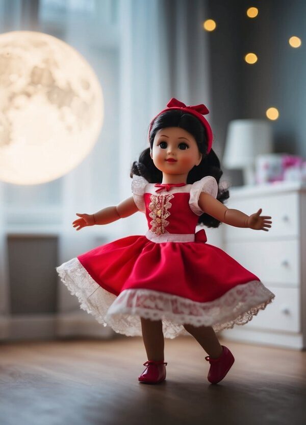 Uma boneca ganhando vida, dançando em um quarto iluminado pela lua