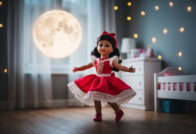 Uma boneca ganhando vida, dançando em um quarto iluminado pela lua