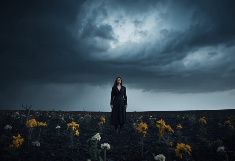 Uma mulher em pé sozinha em uma paisagem escura e desolada, cercada por flores murchas e um céu pesado e ominoso acima.