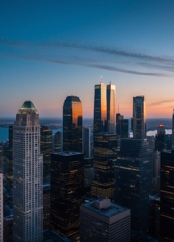 Uma vista panorâmica do horizonte de uma cidade ao anoitecer, com arranha-céus altos se elevando em direção ao céu, iluminados pelo brilho quente dos postes de luz e das luzes da cidade.