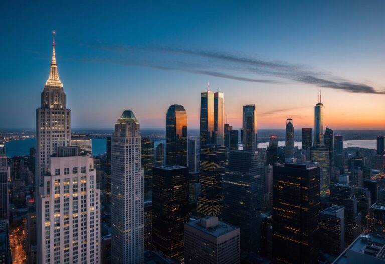 Uma vista panorâmica do horizonte de uma cidade ao anoitecer, com arranha-céus altos se elevando em direção ao céu, iluminados pelo brilho quente dos postes de luz e das luzes da cidade.
