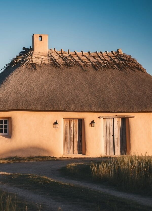 Um sonho de uma charmosa casa de adobe situada em uma tranquila zona rural, com uma porta de madeira rústica e um telhado de palha sob um céu azul claro