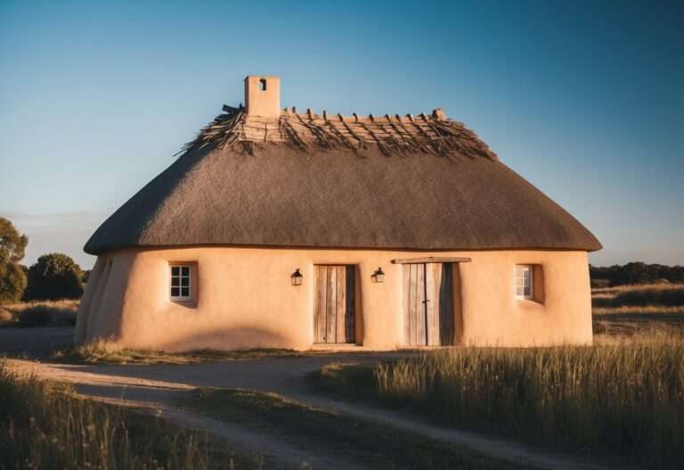 Um sonho de uma charmosa casa de adobe situada em uma tranquila zona rural, com uma porta de madeira rústica e um telhado de palha sob um céu azul claro
