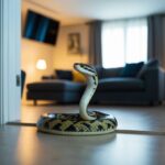Uma cobra desliza por uma porta para entrar em uma sala de estar mal iluminada