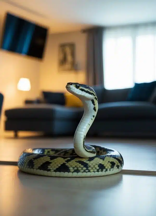 Uma cobra desliza por uma porta para entrar em uma sala de estar mal iluminada