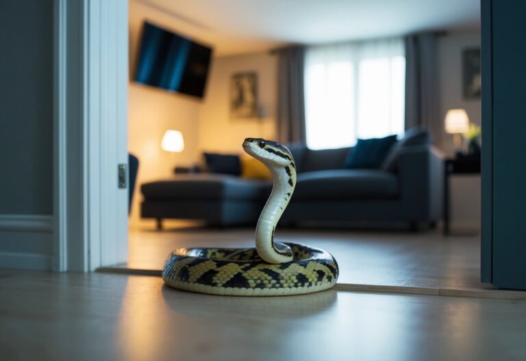 Uma cobra desliza por uma porta para entrar em uma sala de estar mal iluminada